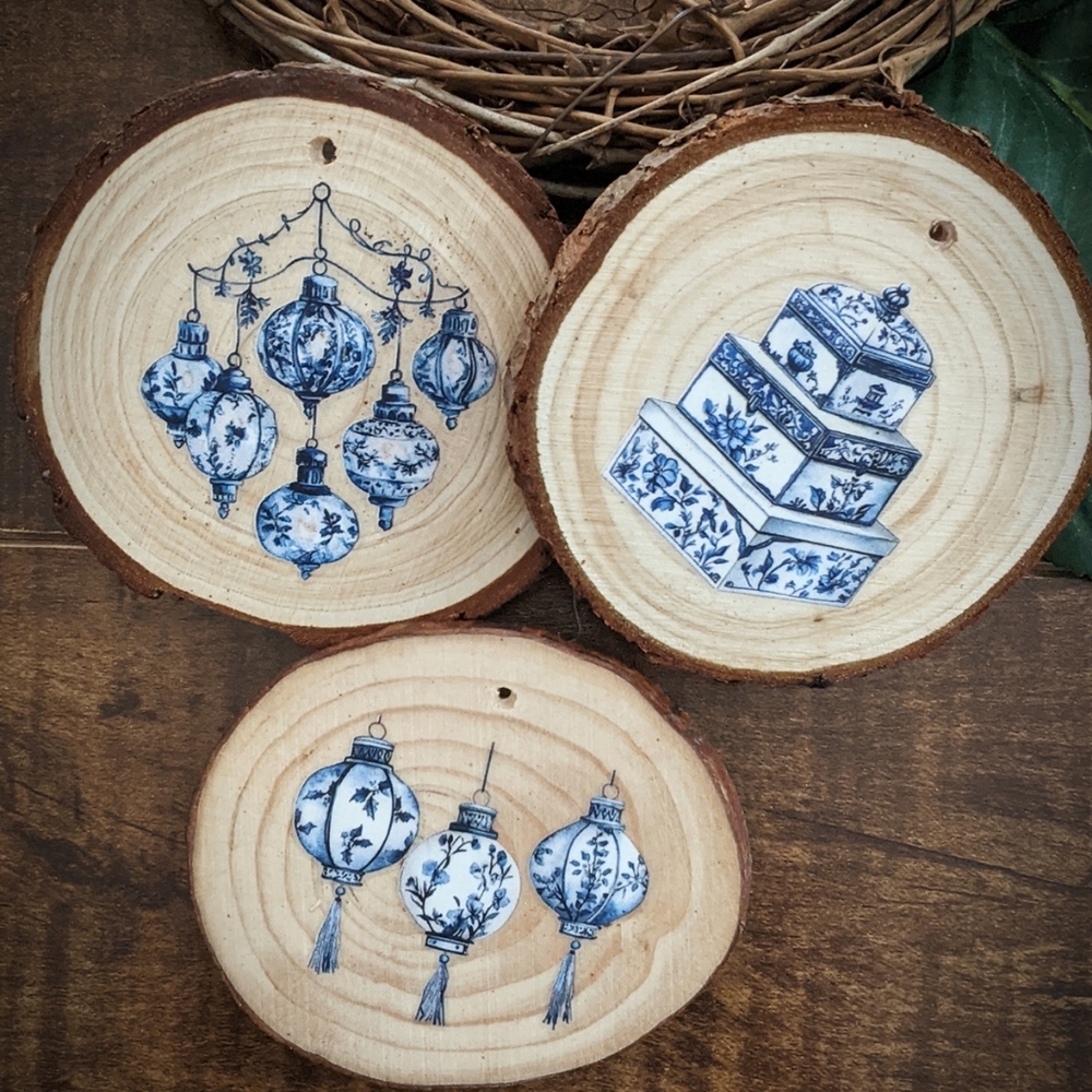 Blue Toile holiday ornaments (4) - handmade wood slice decoration Christmas/Yule